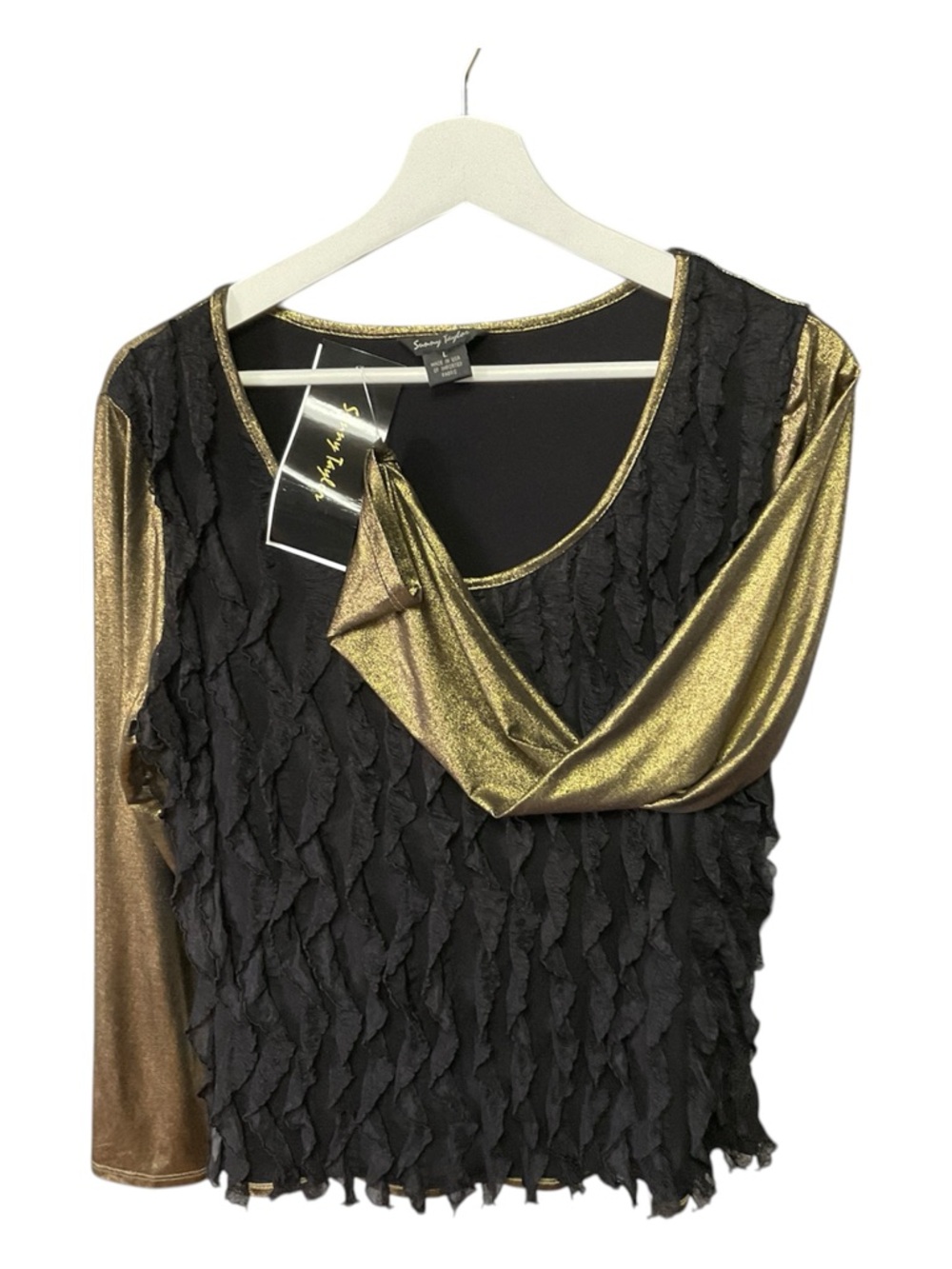 NWT Sunny Taylor Black & Gold Ruffle Layered Blouse - Size L